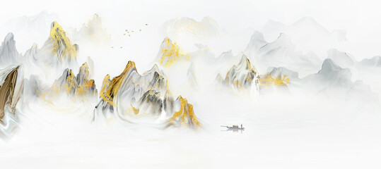 Hand drawn Chinese style golden mood ink landscape painting