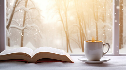 Obraz na płótnie Canvas coffee cup and open book on a window sill in winter. home comfort in snowy cold weather. winter concept