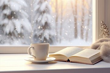 coffee cup and open book on a window sill in winter. home comfort in snowy cold weather. winter concept