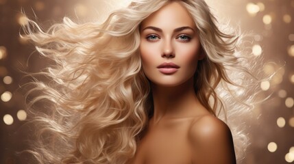 A blonde woman with long, curly hair on a sparkling background, embodying a festive concept for an enchanting advertisement.