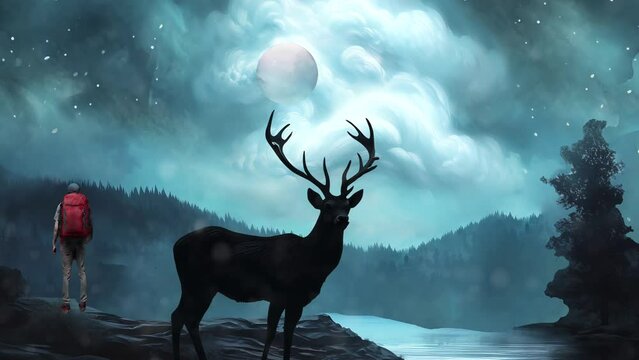 deer-on-a-rock-mountain-lake-with-moon-trees-hiker-parallax-effect-3d-motion-graphics-seamless-loop