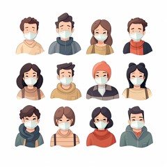 Fototapeta premium student young people of different age and ethnicity wearing surgical disposable and fabric breathing masks.