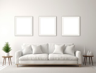 Three wall frames mockup with mirror and white couch in a lounge in white room.