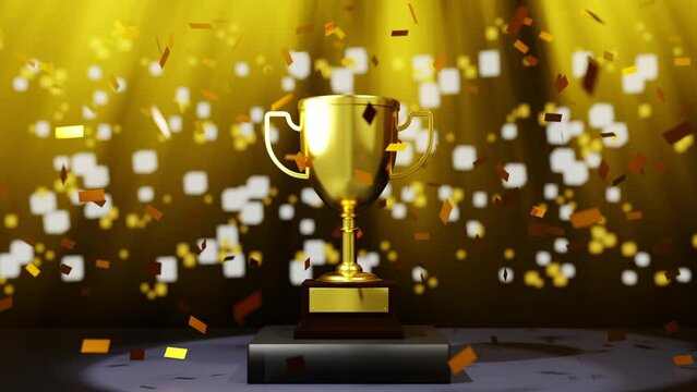 Gold trophy cups on winner podium with falling confetti, award for a champion, moment of glory, 3D rendering. 4K footage.