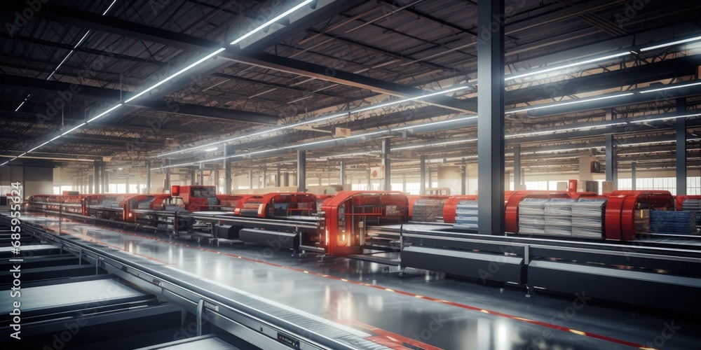 Poster a factory with conveyor belts and machines. generative ai.
