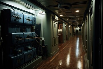 Obraz premium A futuristic power generation room of a cruise liner, with technicians monitoring large generators providing uninterrupted electricity. Blue lights illuminate the long hallway. Generative AI.