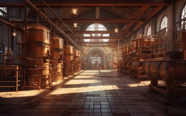 Fototapeta na wymiar An old brewery with copper kettles and wooden barrels. Brewers check the equipment in the malt-scented air. Generative AI.