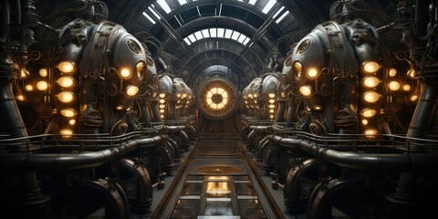 A futuristic engine room with towering pipes and valves. Engineers monitor the massive machinery that propels the ship. Generative AI.