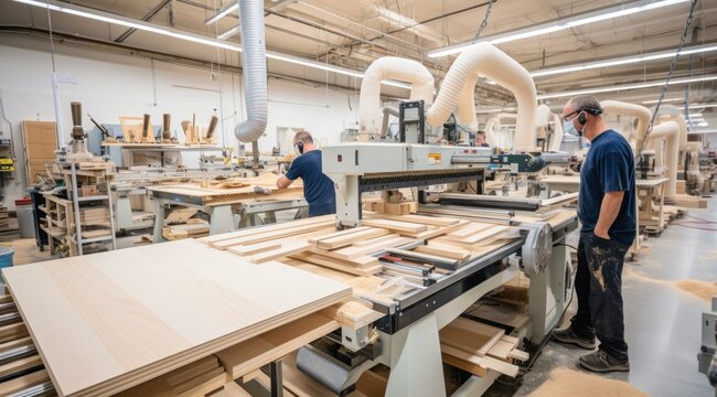 Skilled craftsmen and automated machinery create high-quality furniture in a woodworking factory. Generative AI.