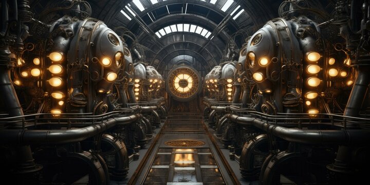 A futuristic engine room with towering pipes and valves. Engineers monitor the massive machinery that propels the ship. Generative AI.