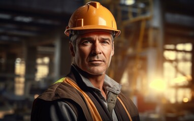 A confident construction foreman in a hard hat, overseeing work on a building site. Generative AI.