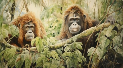 Obraz premium orangutan in the woods forest jungle watercolor vintage painting for wall art background wallpaper