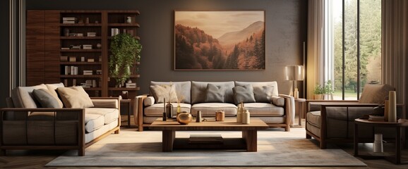 Obraz na płótnie Canvas Living room with sofa, carpet, wood panels and stylish decorations