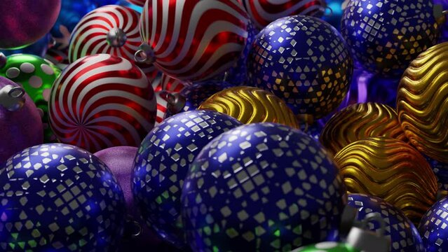 3d animation with dynamic movement of christmas ornaments for backgorund or visual screen. Video render in 4k.