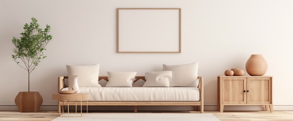 Fototapeta na wymiar Minimalist composition of cozy living room interior with copy space, boucle sofa, wooden sideboard, patterned pillow, stylish coffee table, carpet and personal accessories. Home decor. Template.