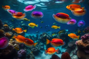 Naklejka na ściany i meble fish in aquarium swimming in opposite direction