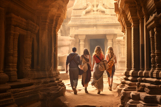 Back view of tourist people walking into the entrance to ancient temple background.