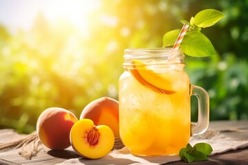A Vibrant Image of Sweet-and-Tart Peach Lemonade in a Rustic Setting Under the Summer Sun