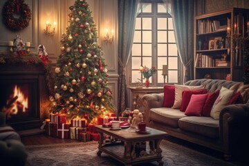 Fototapeta na wymiar Cozy living room interior decorated for Christmas with tree and gifts. Holiday home decor.