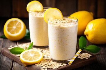 A Tall Glass of Frothy Lemon Oat Milk Latte with Fresh Lemons and Oats as Decorations