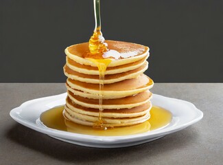Stack of pancake with honey syrup on the white plate on isolated black background