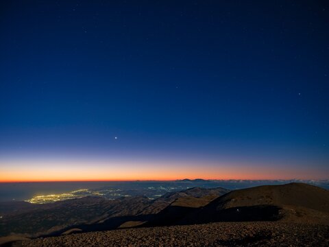 Dawn over Heraklion under starry sky, Psiloritis, Ida Massif, Crete, Greece, Europe