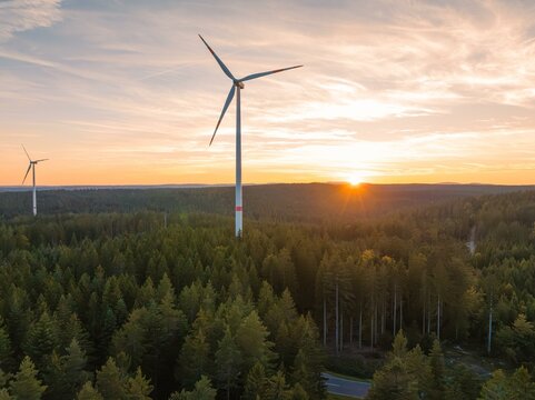 Wind turbine for energy generation at sunset in the forest, Enkloesterle, Black Forest, Germany, Europe
