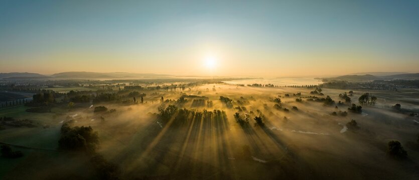 Aerial panorama of the Radolfzeller Aachried at sunrise and ground fog, on the horizon the western part of Lake Constance, Radolfzell, Constance district, Baden-Wuerttemberg, Germany, Europe