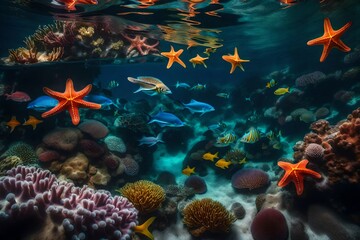 coral reef and star fishes in the depth of sea