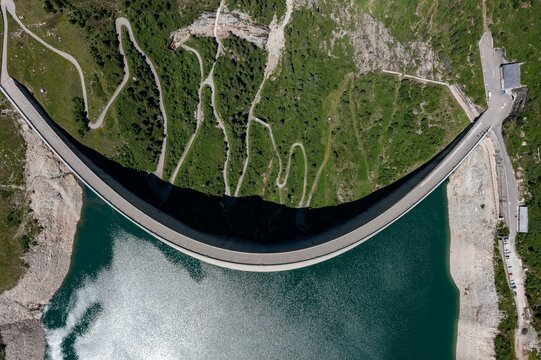 Aerial view of the dam wall at Lago di Lei in the Valle di Lei in the border region Italy, Switzerland, Europe