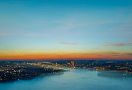 Aerial View in Long Exposure over Illuminated City of Lucerne and Lake Lucerne in Dusk in Lucerne, Switzerland, Europe