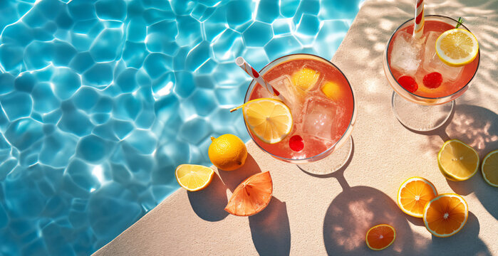 Refreshing summer drinks and orange slices beside a swimming pool. Created with Generative AI technology