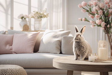 A close-up photo capturing the chic atmosphere of a spring-themed living room. Feature a wooden coffee table with a glass vase and leaves, a white bunny Easter decor, and a stylish chair with pillows.