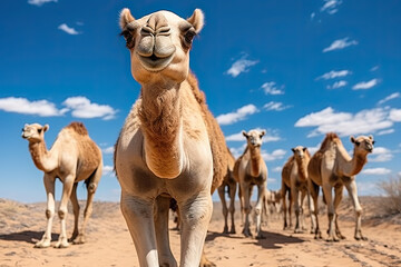 camels walking on the desert with blue sky