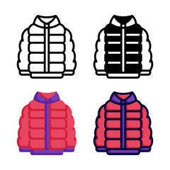 Puffer coat icon set style collection in line, solid, flat, flat line style on white background