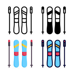 Ski icon set style collection in line, solid, flat, flat line style on white background
