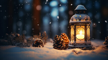 Illuminated Christmas lantern on snow, with light snowfall and pine cones, blurred background with bokeh, evening scene, Christmas Holidays illustration