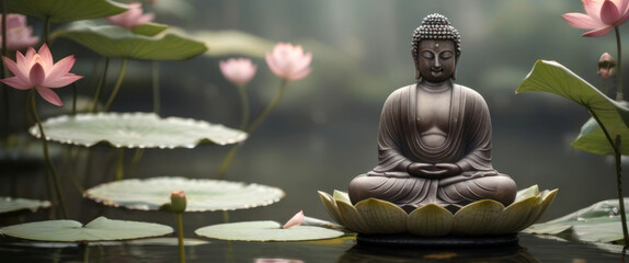 Buddha statue amid lotus garden, peaceful atmosphere