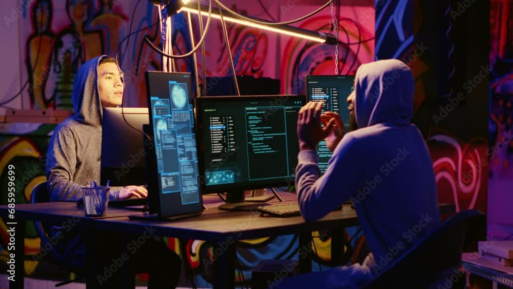 Poster hackers using network vulnerabilities to exploit servers, doing coordinated cyber attacks, trying to