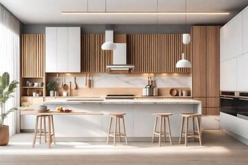 Modern interior design for kitchen. Minimalistic stylish kitchen set with wooden furniture