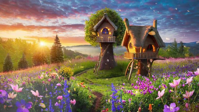 Beautiful Fantasy Image Of Treehouses On Grassy Hill