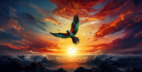 red white and green bird flying into sunset. Generative Ai content