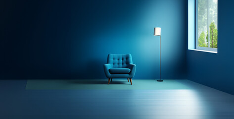 blue chair in the dark room, an image of a blue chair on a neutral background. Generative Ai content