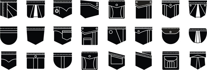 Pocket Icons Set. Men and women shirts, jeans pockets. Casual garment. Black Fill simple illustration of clothing category in store, casual unisex styles. Contour isolated on transparent background.