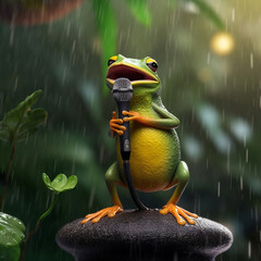 Ai generated frog singing in the rain