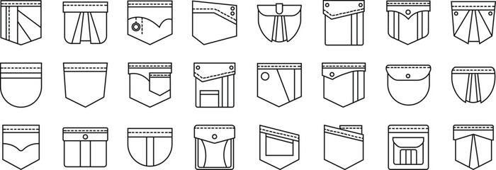 Pocket Icons Set. Men and women shirts, jeans pockets. Casual garment. Simple Line clothing category in store, casual unisex styles editable stock. Contour isolated Vectors transparent background. - obrazy, fototapety, plakaty