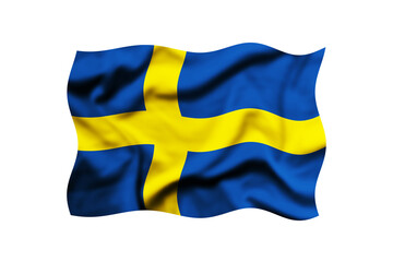 The flag of Sweden is waving in the wind on a transparent background. 3d rendering. Clipping path included