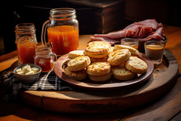 A cozy cabin breakfast with a spread of buttermilk biscuits, country ham, and homemade preserves served on rustic wooden plates