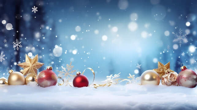 Original bright wide format background image with Christmas tree decorations, gifts and snowflakes.