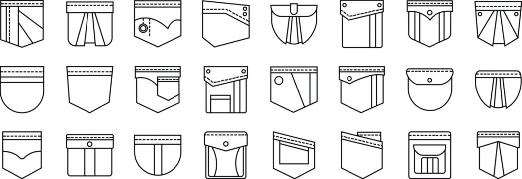 Pocket Icons Set. Men and women shirts, jeans pockets. Casual garment. Simple Line clothing category in store, casual unisex styles editable stock. Contour isolated Vectors transparent background.